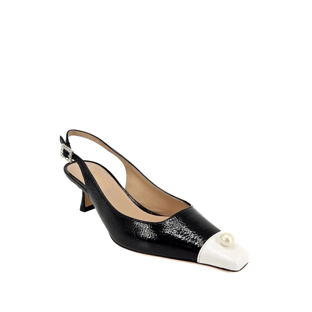 NWT Roberto Festa Kitten Heel Slingback Pearl Black White Patent Leather Size 37